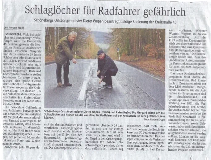 Schlaglöcher für Radfahrer gefährlich